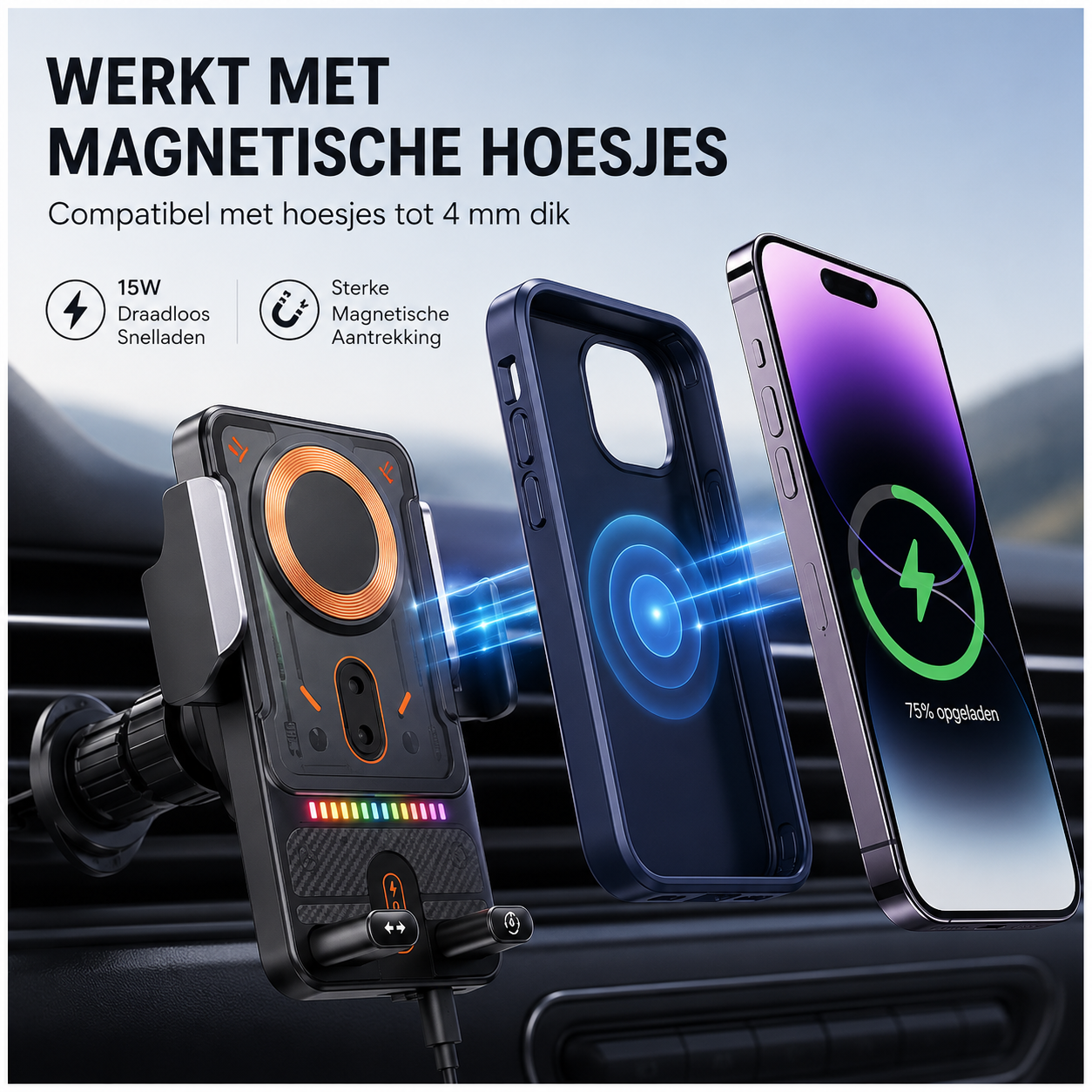 15W Draadloze Auto Telefoonhouder met Snellader - Automatische Sensor & 360° Draaibaar