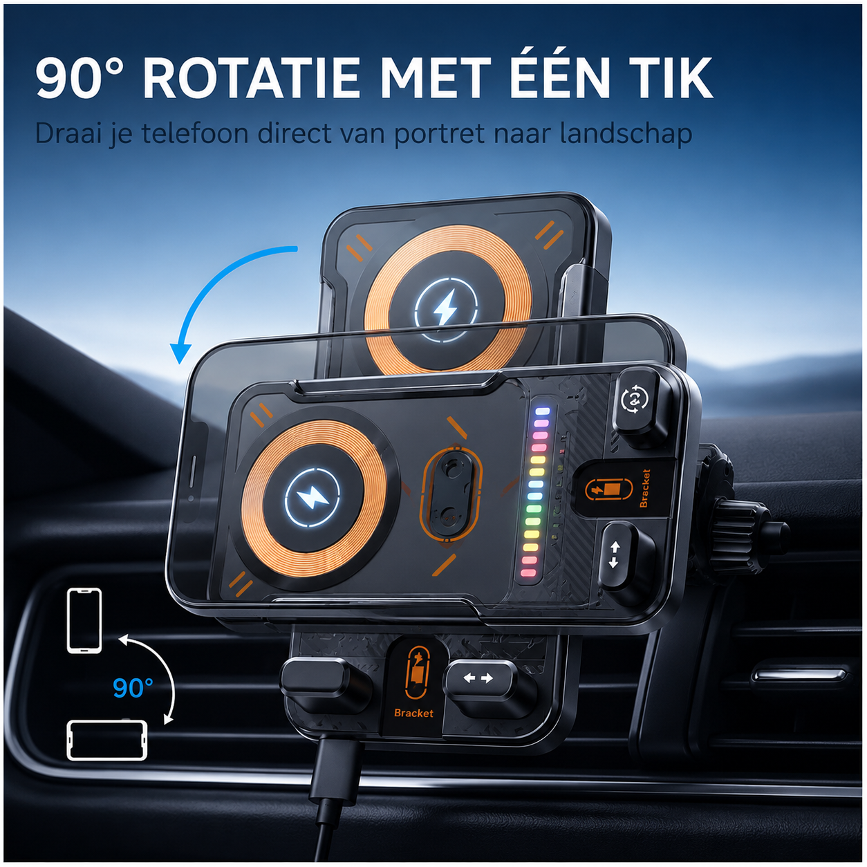 15W Draadloze Auto Telefoonhouder met Snellader - Automatische Sensor & 360° Draaibaar