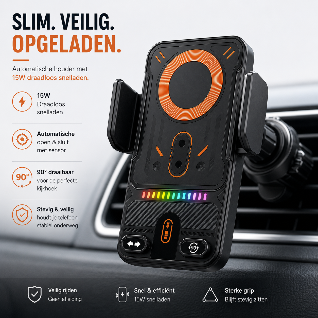 15W Draadloze Auto Telefoonhouder met Snellader - Automatische Sensor & 360° Draaibaar