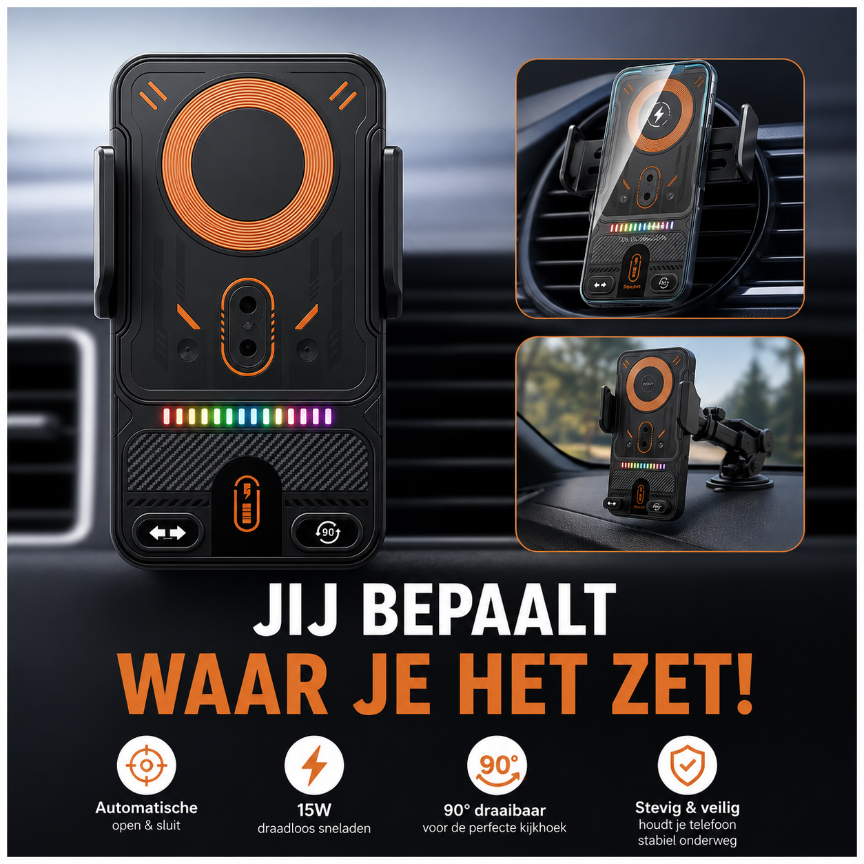 15W Draadloze Auto Telefoonhouder met Snellader - Automatische Sensor & 360° Draaibaar