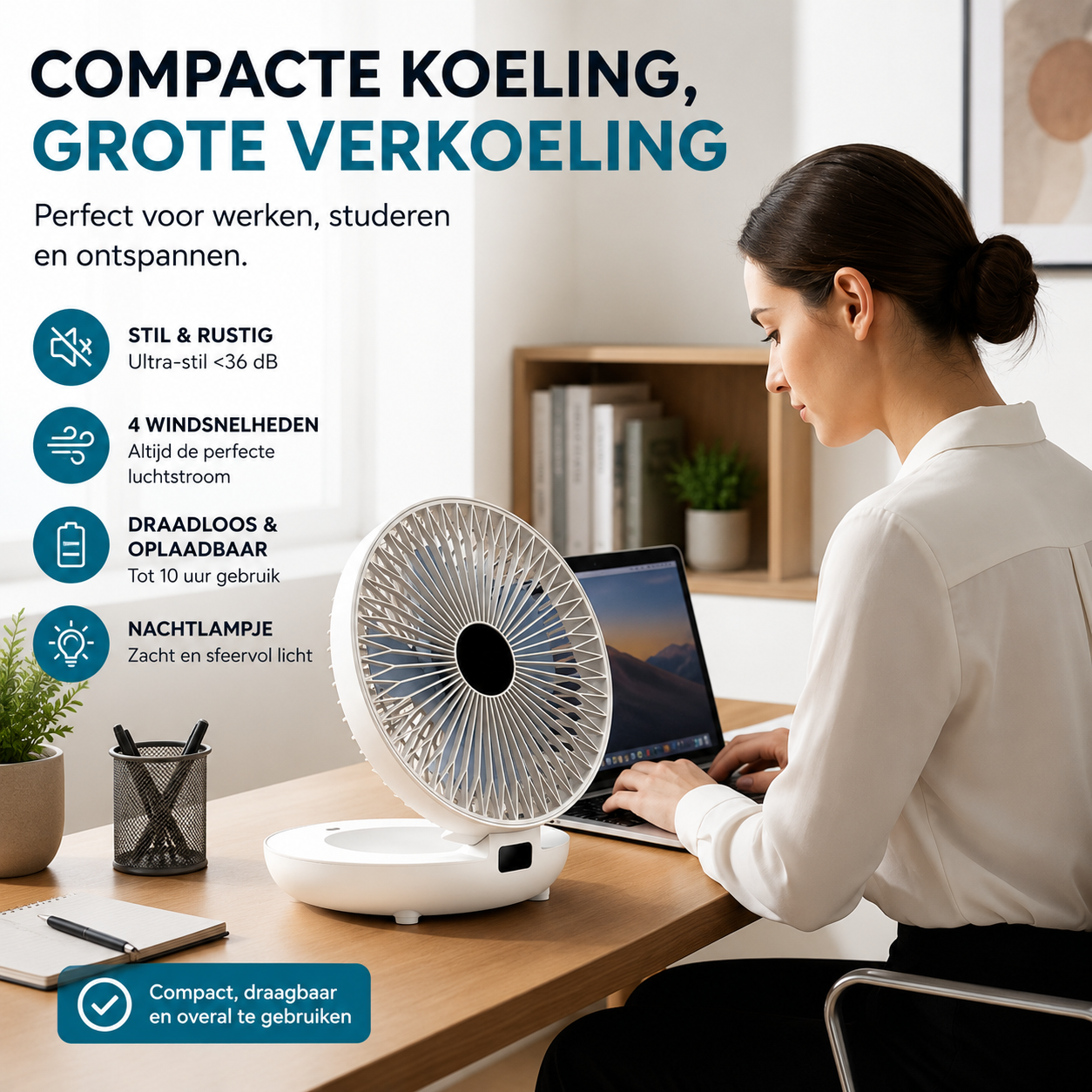 Draadloze roterende ventilator – Automatisch draaiend met krachtige accu